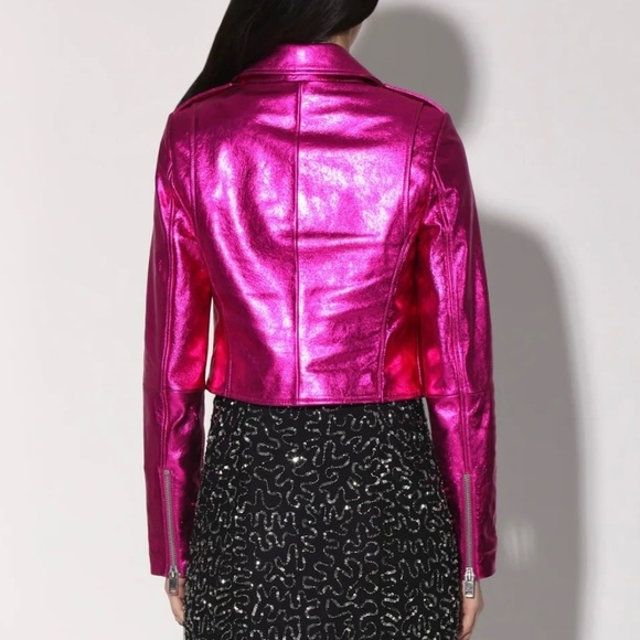 WALTER BAKER 💕🔥Genuine Leather Jenny Jacket in Fuchsia Metallic Crop Moto Fit - Picture 4 of 16